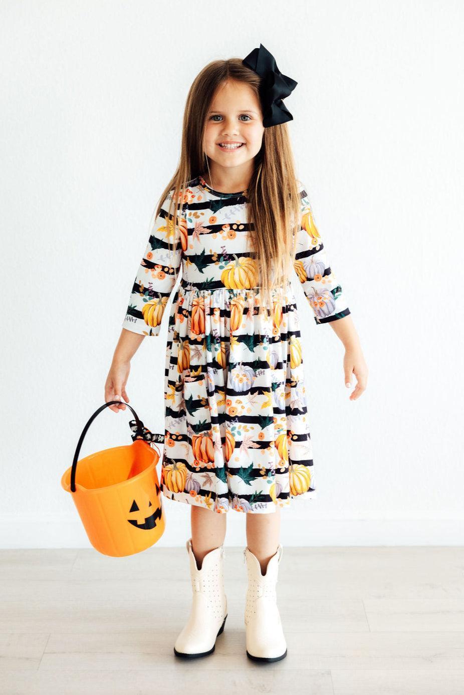 Pumpkins & Peonies 3/4 Sleeve Pocket Twirl Dress by Mila & Rose ®