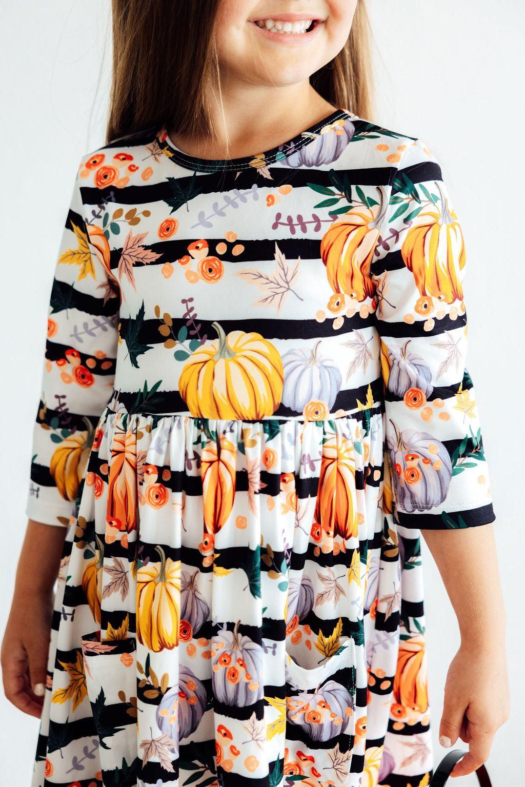 Pumpkins & Peonies 3/4 Sleeve Pocket Twirl Dress by Mila & Rose ®