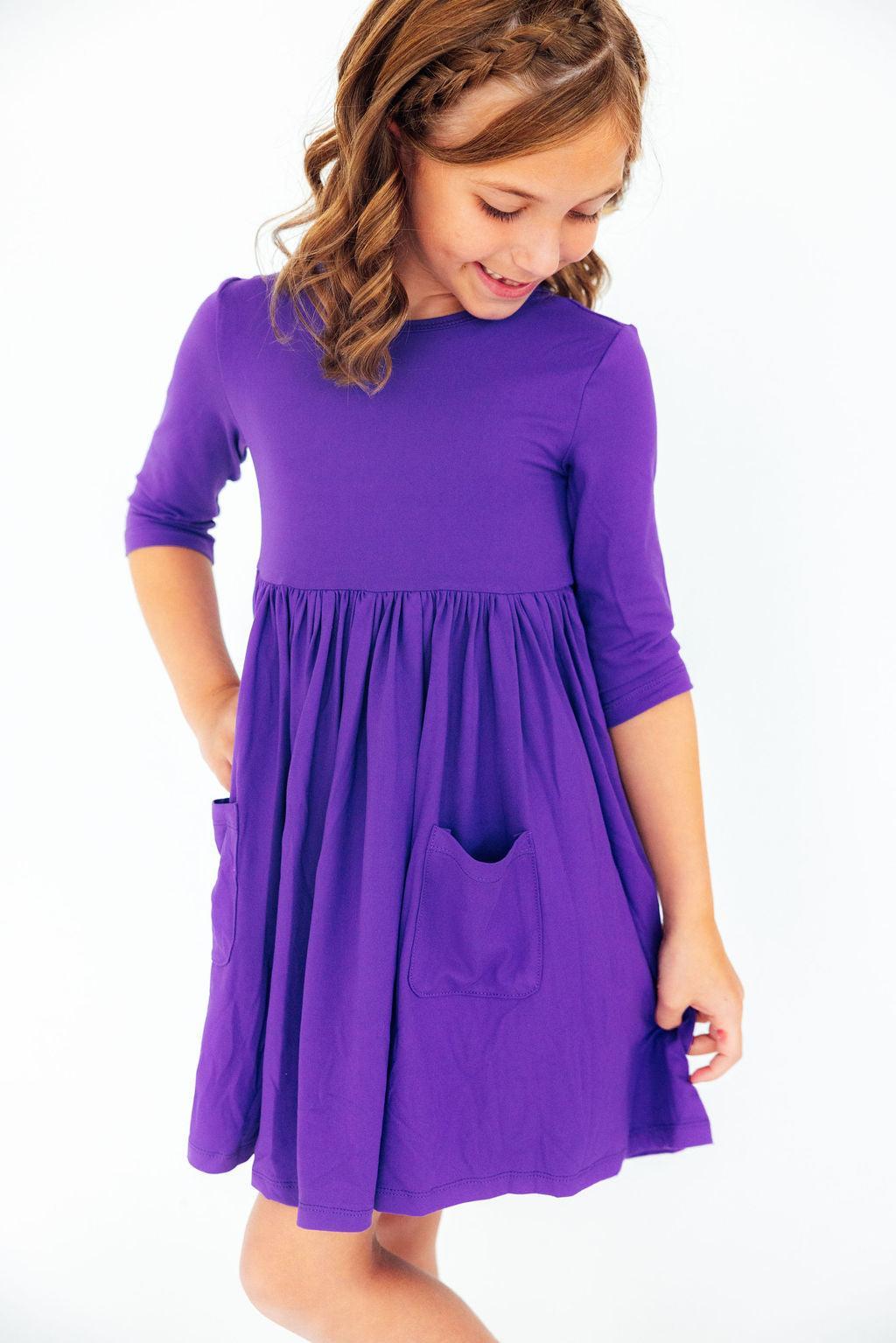 Purple 3/4 Sleeve Pocket Twirl Dress by Mila & Rose ®