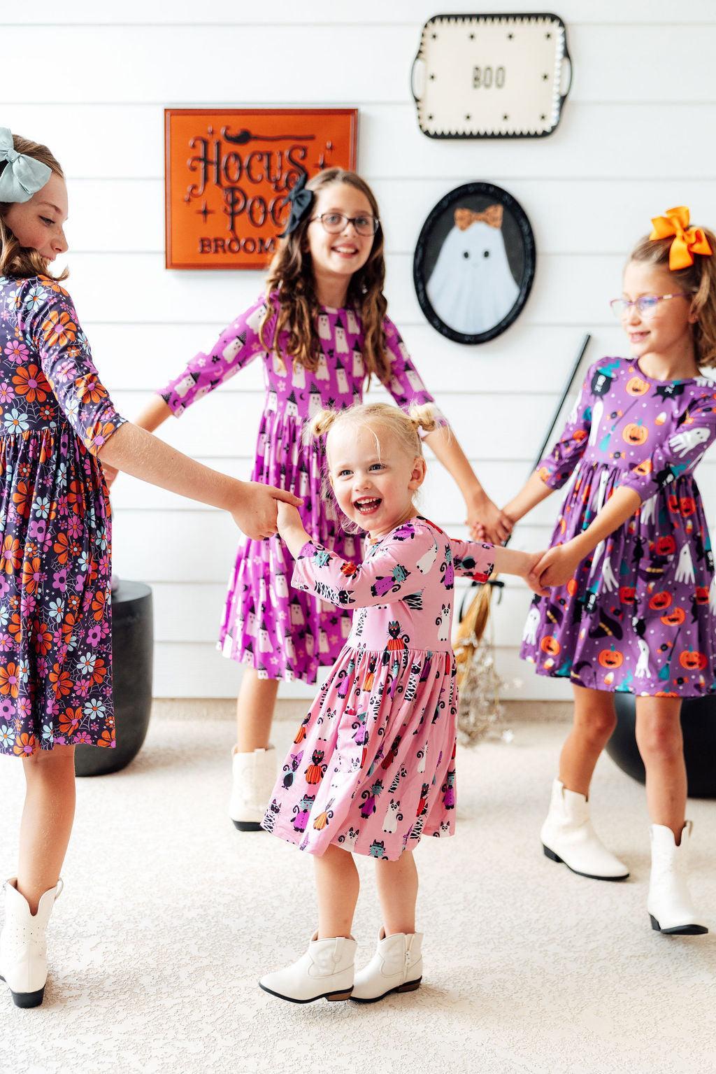 Purr-fectly Spooky 3/4 Sleeve Pocket Twirl Dress by Mila & Rose ®