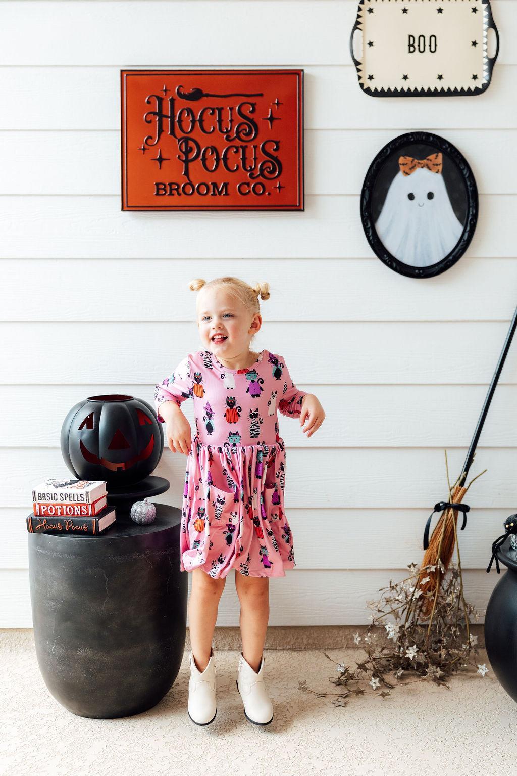 Purr-fectly Spooky 3/4 Sleeve Pocket Twirl Dress by Mila & Rose ®