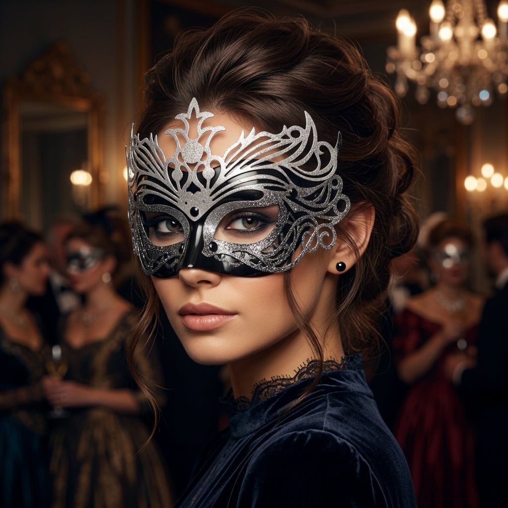 Midnight Elegance: Black & Silver Masquerade Mask by 3wishes.com