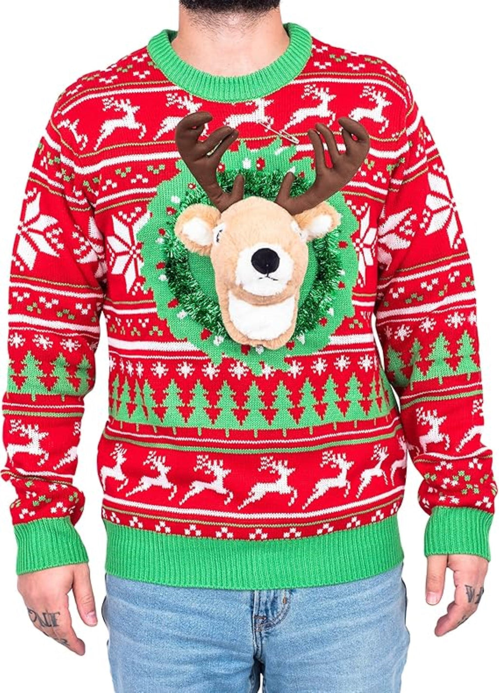 Reindeer Trophy Head 3D LED Lights Adult Unisex Ugly Christmas Sweater by TVStoreOnline