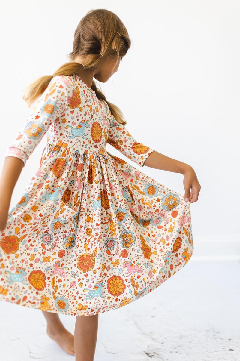Retro Unicorns 3/4 Sleeve Pocket Twirl Dress by Mila & Rose ®