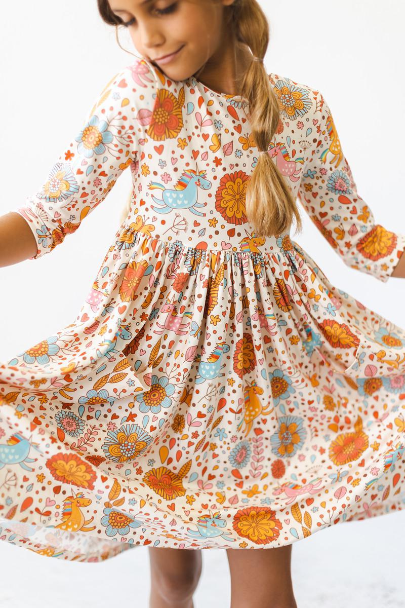 Retro Unicorns 3/4 Sleeve Pocket Twirl Dress by Mila & Rose ®