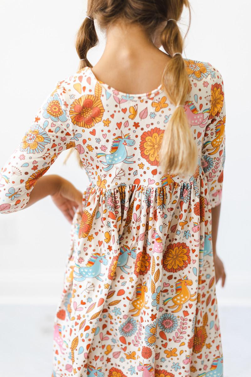 Retro Unicorns 3/4 Sleeve Pocket Twirl Dress by Mila & Rose ®