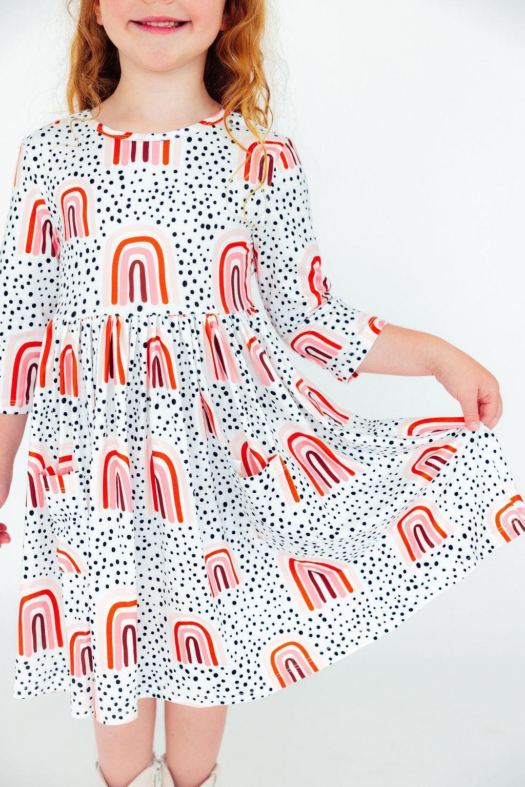 Peach Rainbow 3/4 Sleeve Pocket Twirl Dress by Mila & Rose ®
