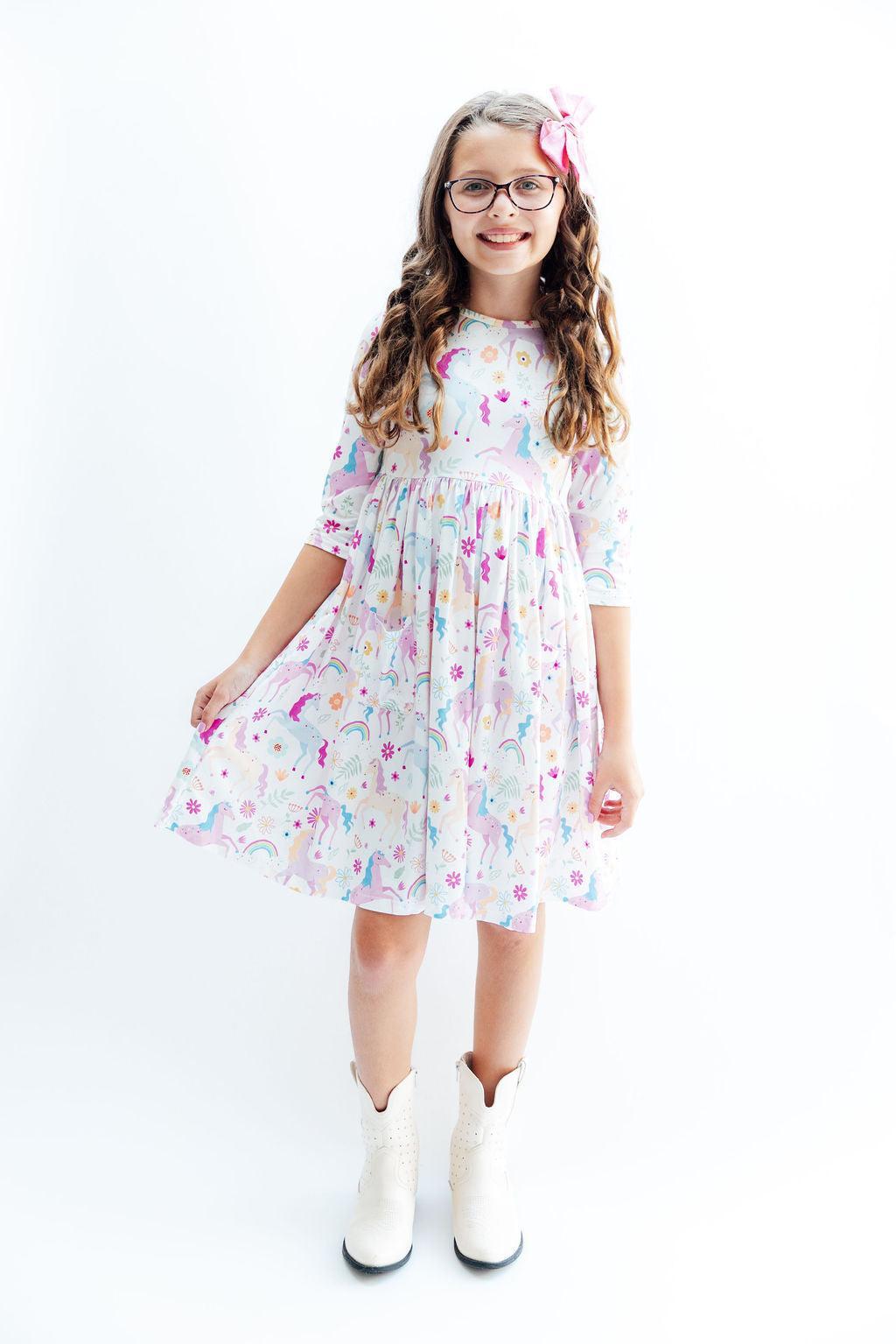 Rainbow Vibes 3/4 Sleeve Pocket Twirl Dress by Mila & Rose ®