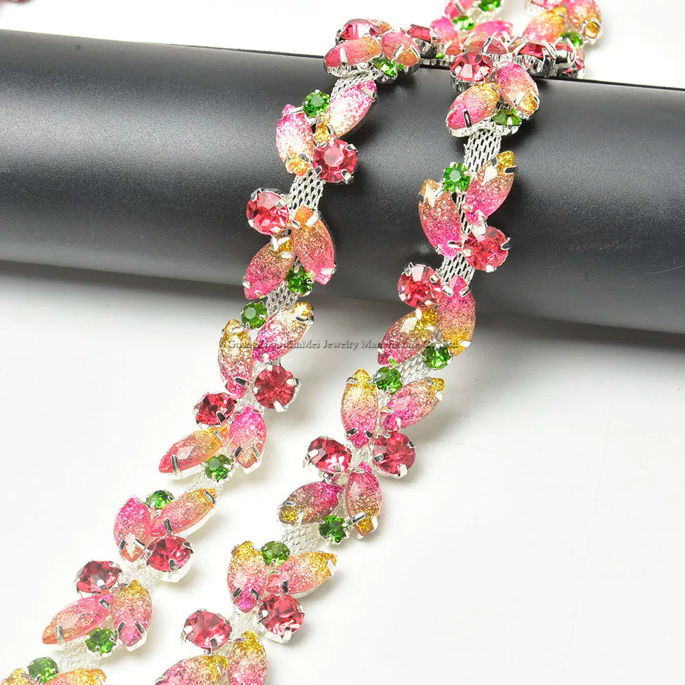 The Stardust Pink Blossom – Glitter Pink Leaf Glass Rhinestone Chain & Trim Applique by Stardust Starlets