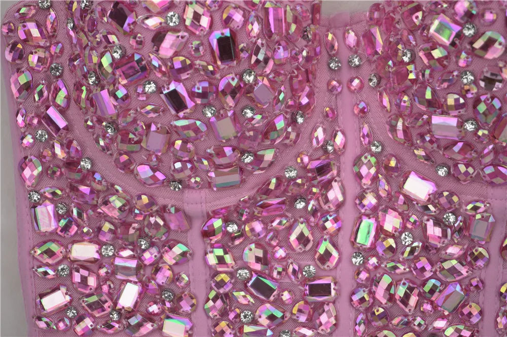 The Stardust Prism Siren – Sparkly Pink Rhinestone & Beaded Bustier Corset Crop Top by Stardust Starlets