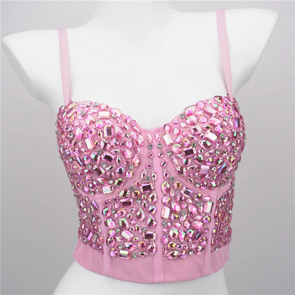 The Stardust Prism Siren – Sparkly Pink Rhinestone & Beaded Bustier Corset Crop Top by Stardust Starlets