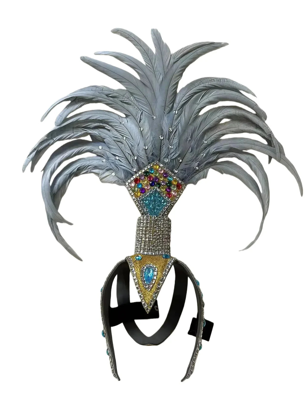 The Stardust Dionysia – Silver & Charcoal Feather Carnival & Masque Ball Headdress by Stardust Starlets