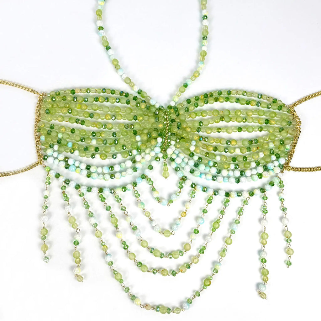 The Stardust Emerald Goddess – Handmade Green Rhinestone & Beaded Tassel Body Chain Halter Top by Stardust Starlets