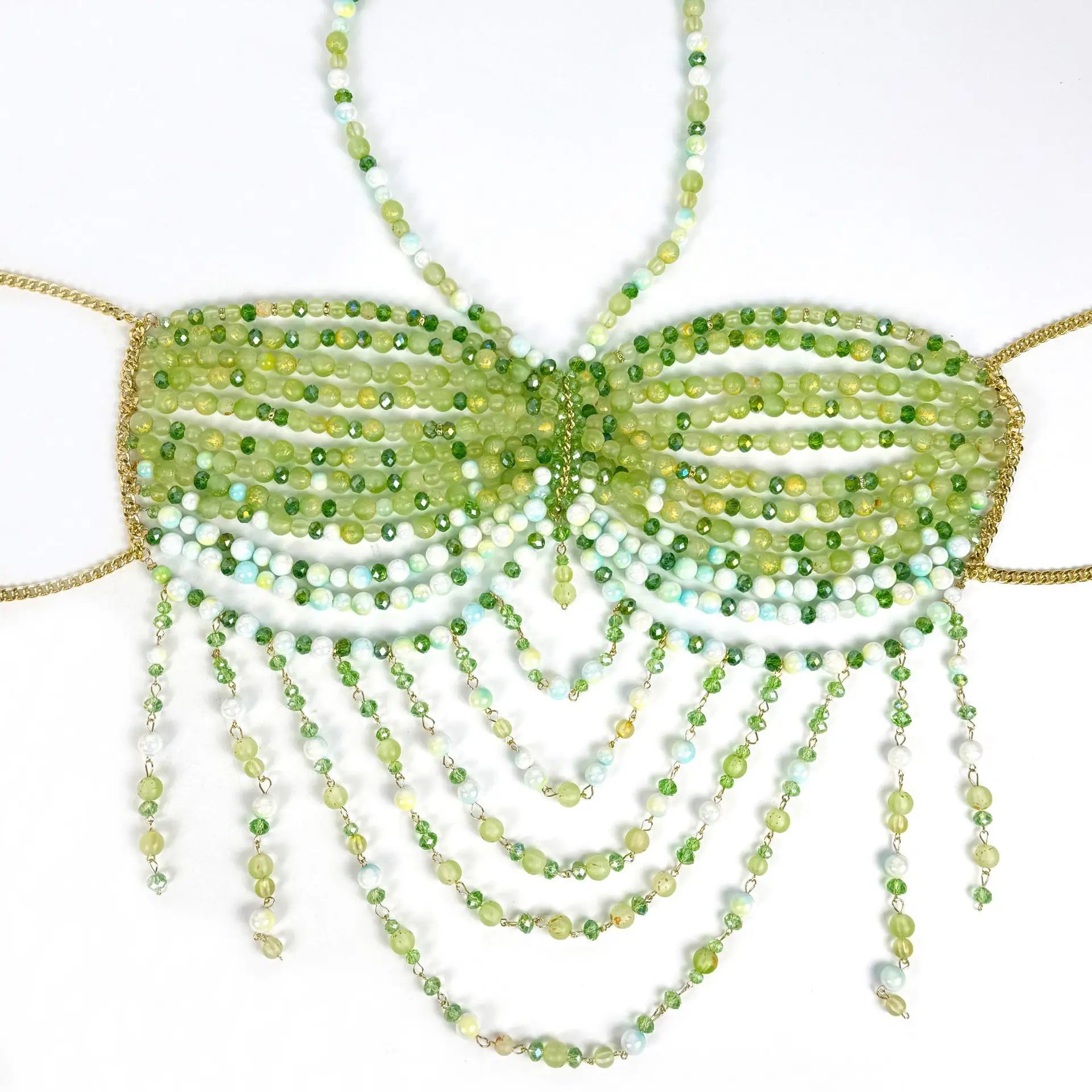 The Stardust Emerald Goddess – Handmade Green Rhinestone & Beaded Tassel Body Chain Halter Top by Stardust Starlets