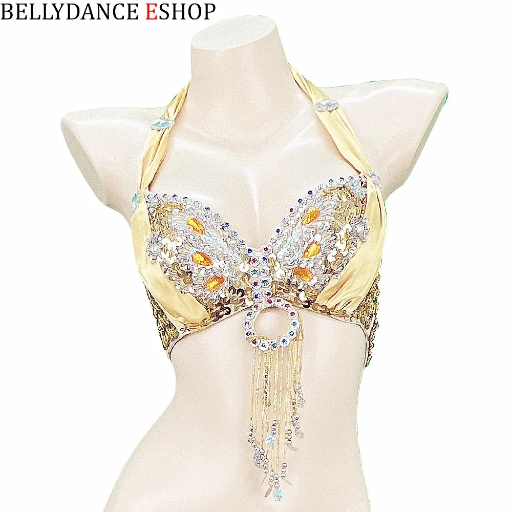 The Stardust Siren Shimmer – Sequin & Tassel Halter Belly Dance Bra Top by Stardust Starlets