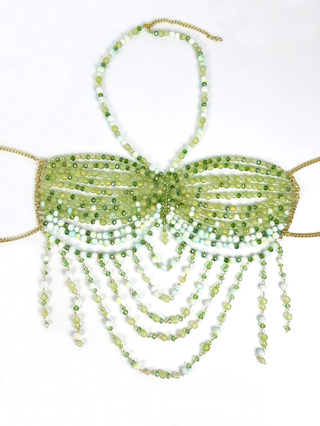 The Stardust Emerald Goddess – Handmade Green Rhinestone & Beaded Tassel Body Chain Halter Top by Stardust Starlets