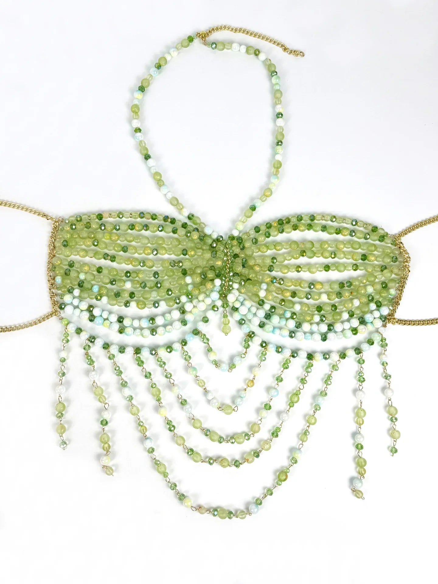 The Stardust Emerald Goddess – Handmade Green Rhinestone & Beaded Tassel Body Chain Halter Top by Stardust Starlets