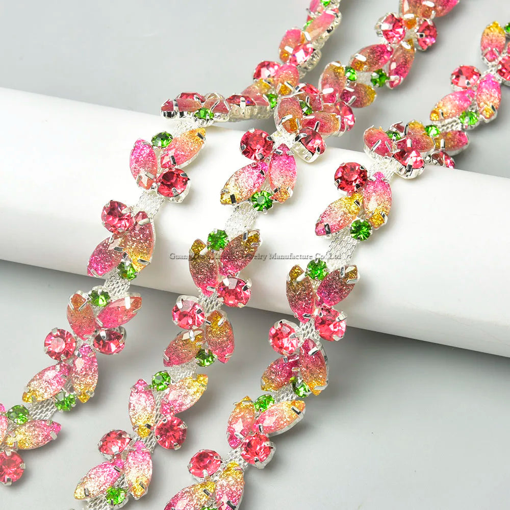 The Stardust Pink Blossom – Glitter Pink Leaf Glass Rhinestone Chain & Trim Applique by Stardust Starlets