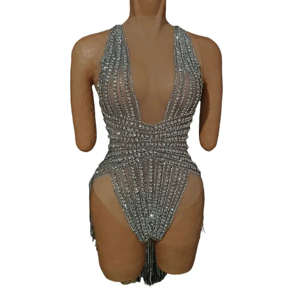 The Stardust Lumina Illusion – Silver Rhinestone & Tassel Performance Bodysuit by Stardust Starlets
