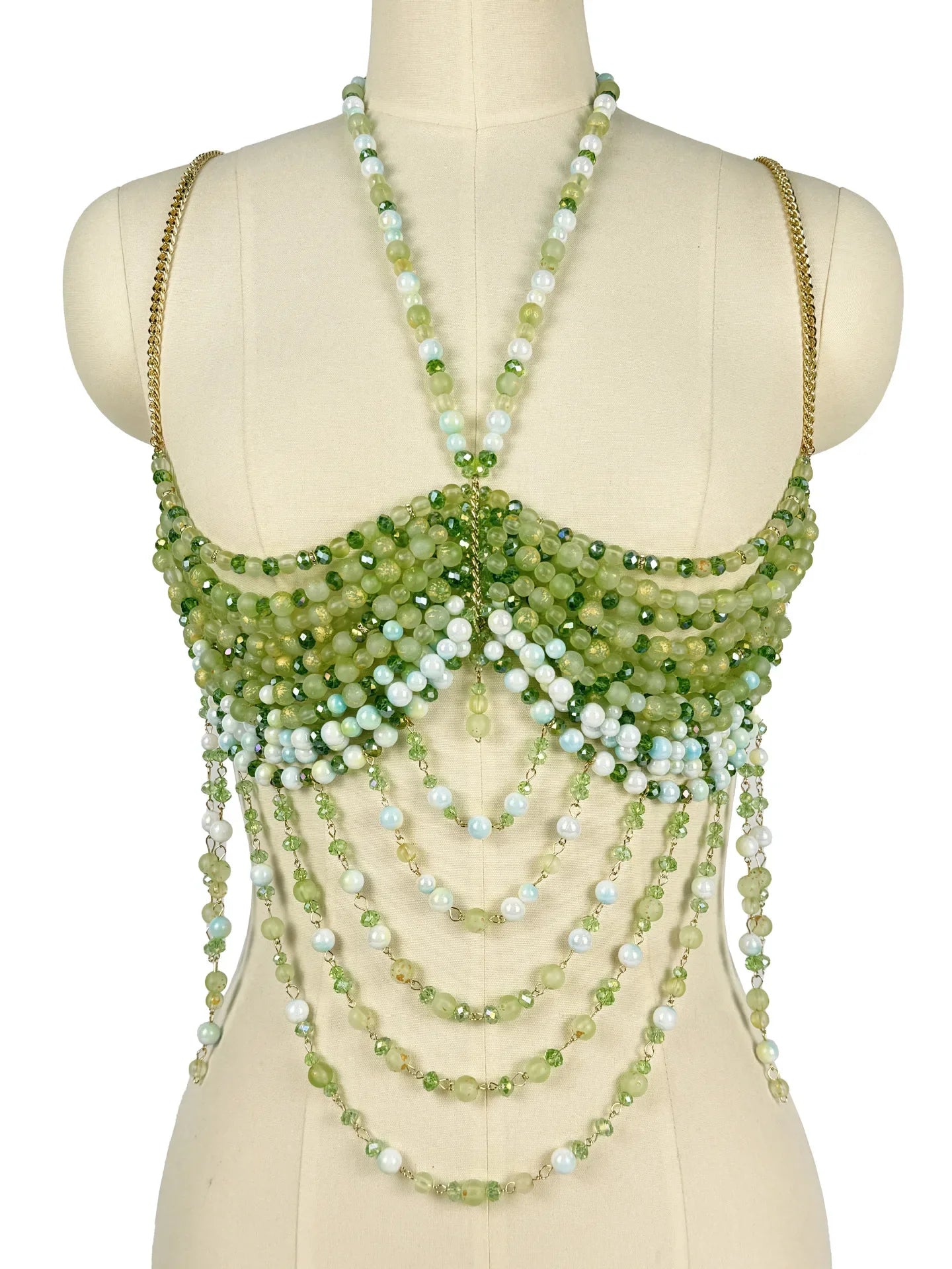 The Stardust Emerald Goddess – Handmade Green Rhinestone & Beaded Tassel Body Chain Halter Top by Stardust Starlets