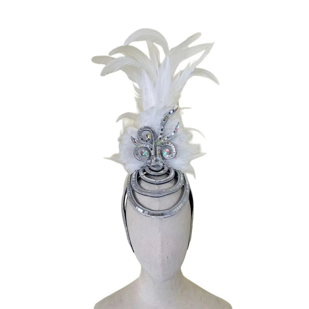 The Stardust Dionysia – Pure White Feather Carnival & Masque Ball Headdress by Stardust Starlets