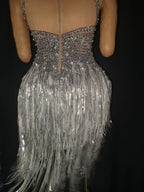 The Stardust Lumina Illusion – Silver Rhinestone & Tassel Performance Bodysuit by Stardust Starlets