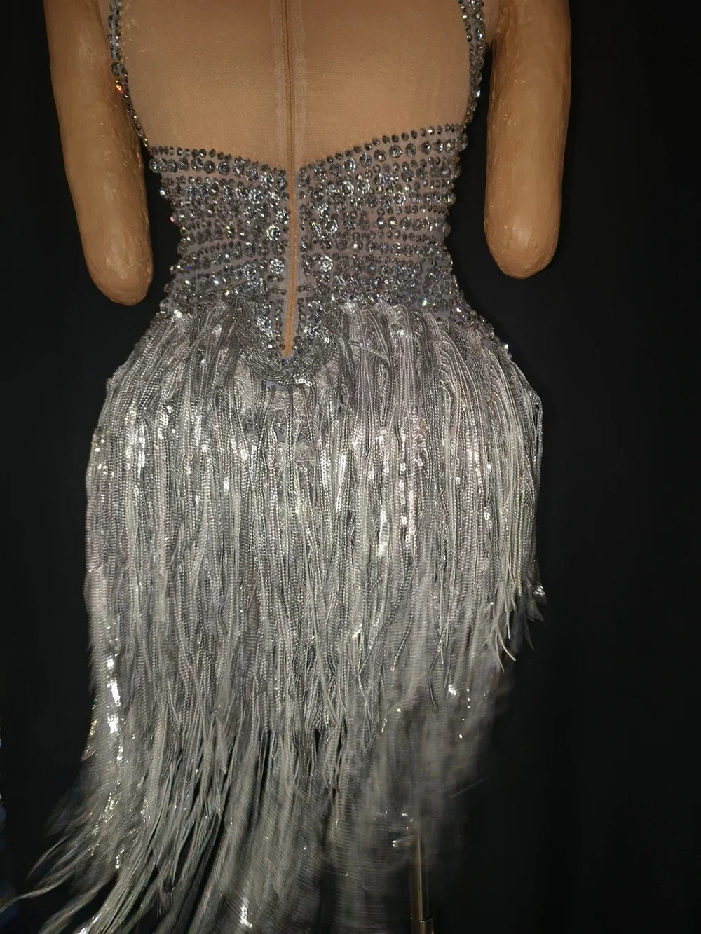 The Stardust Lumina Illusion – Silver Rhinestone & Tassel Performance Bodysuit by Stardust Starlets