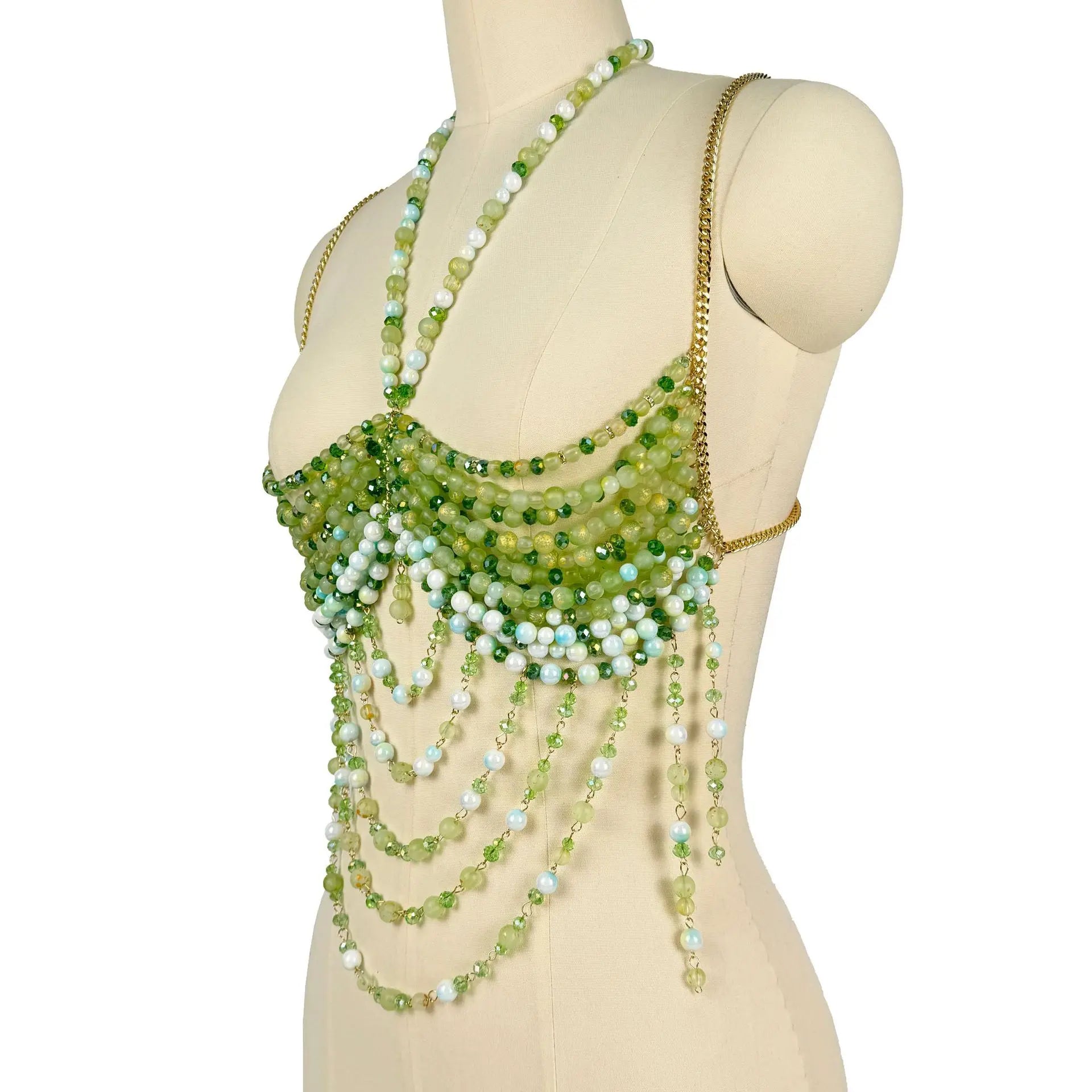 The Stardust Emerald Goddess – Handmade Green Rhinestone & Beaded Tassel Body Chain Halter Top by Stardust Starlets