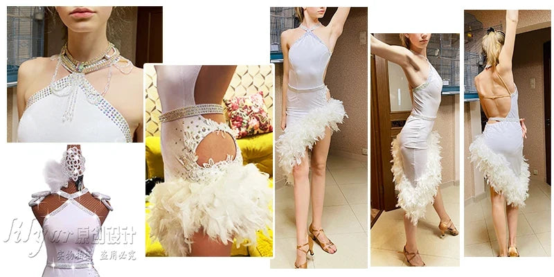 The Stardust Swan Queen – White Feathered Embroidered Latin Dance Competition Dress Set by Stardust Starlets