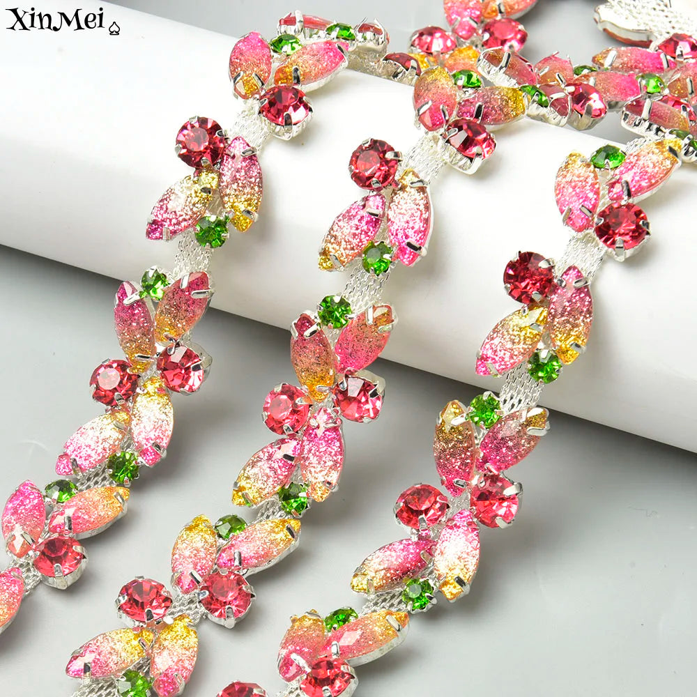 The Stardust Pink Blossom – Glitter Pink Leaf Glass Rhinestone Chain & Trim Applique by Stardust Starlets