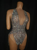 The Stardust Lumina Illusion – Silver Rhinestone & Tassel Performance Bodysuit by Stardust Starlets