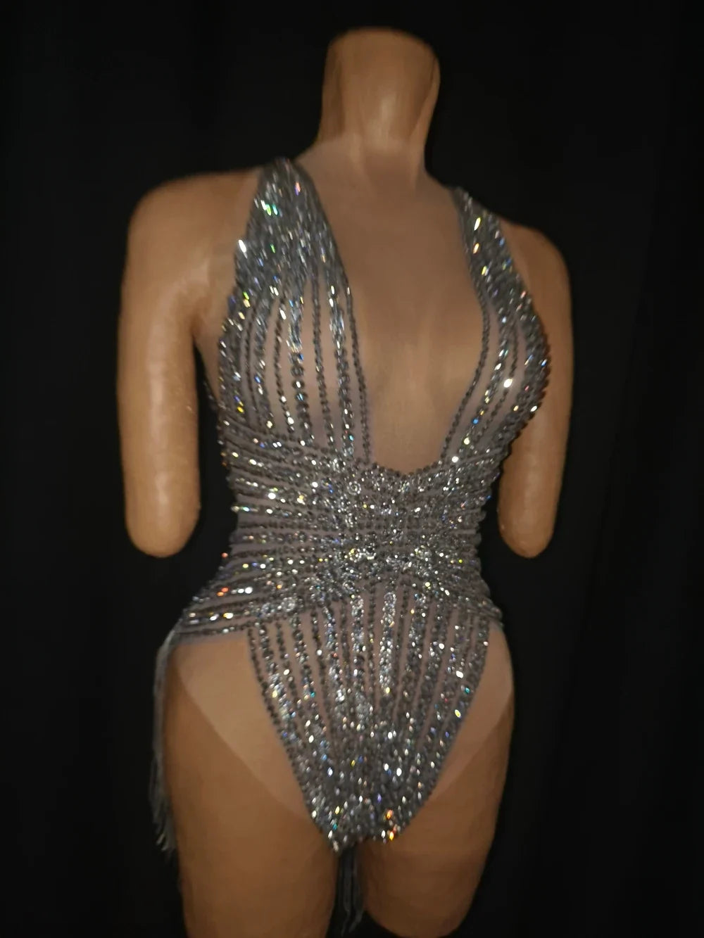 The Stardust Lumina Illusion – Silver Rhinestone & Tassel Performance Bodysuit by Stardust Starlets
