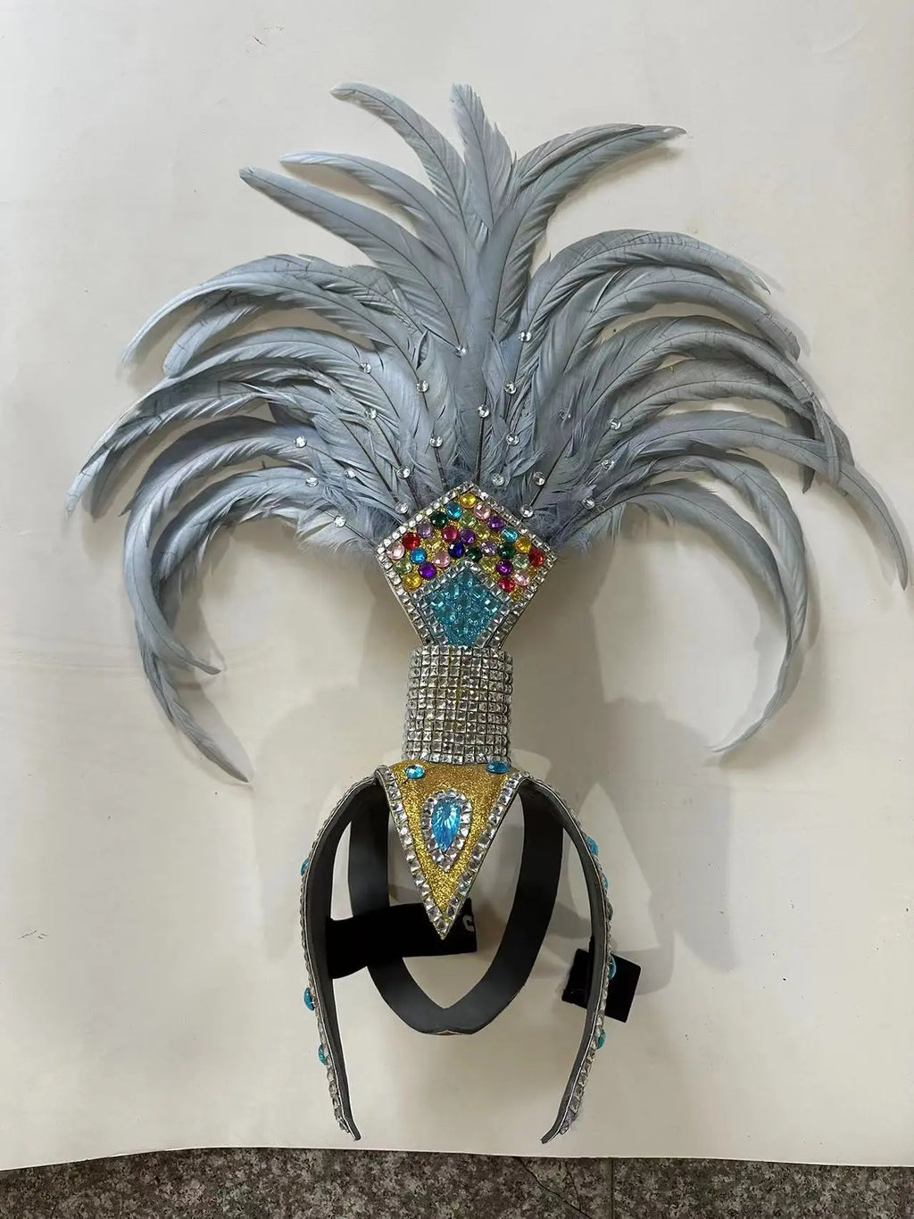 The Stardust Dionysia – Silver & Charcoal Feather Carnival & Masque Ball Headdress by Stardust Starlets