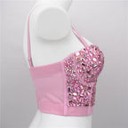 The Stardust Prism Siren – Sparkly Pink Rhinestone & Beaded Bustier Corset Crop Top by Stardust Starlets