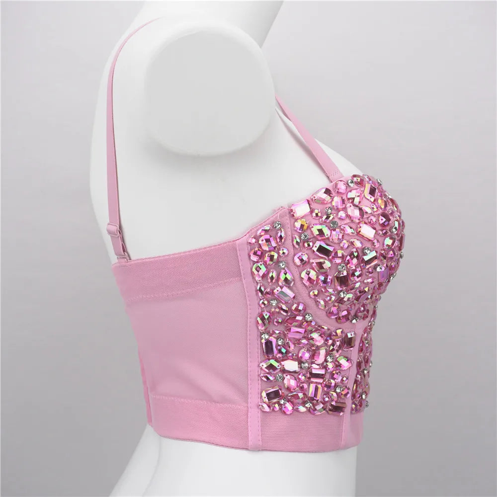 The Stardust Prism Siren – Sparkly Pink Rhinestone & Beaded Bustier Corset Crop Top by Stardust Starlets