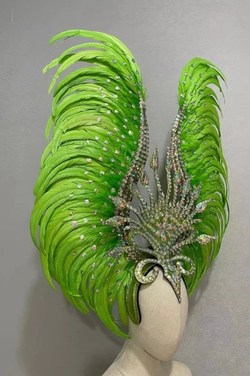 The Stardust Vertigo – Emerald Green Feathered Carnival & Samba Headdress by Stardust Starlets