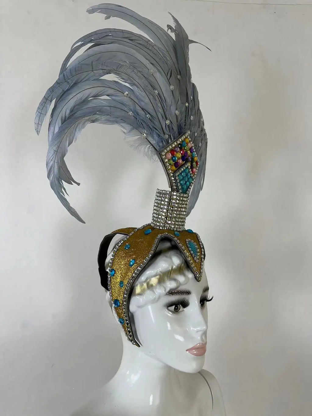 The Stardust Dionysia – Silver & Charcoal Feather Carnival & Masque Ball Headdress by Stardust Starlets