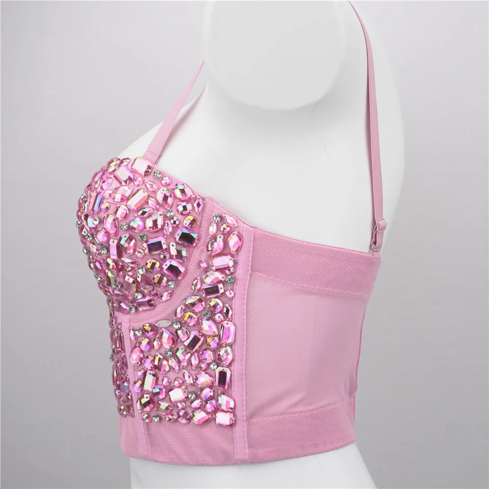 The Stardust Prism Siren – Sparkly Pink Rhinestone & Beaded Bustier Corset Crop Top by Stardust Starlets