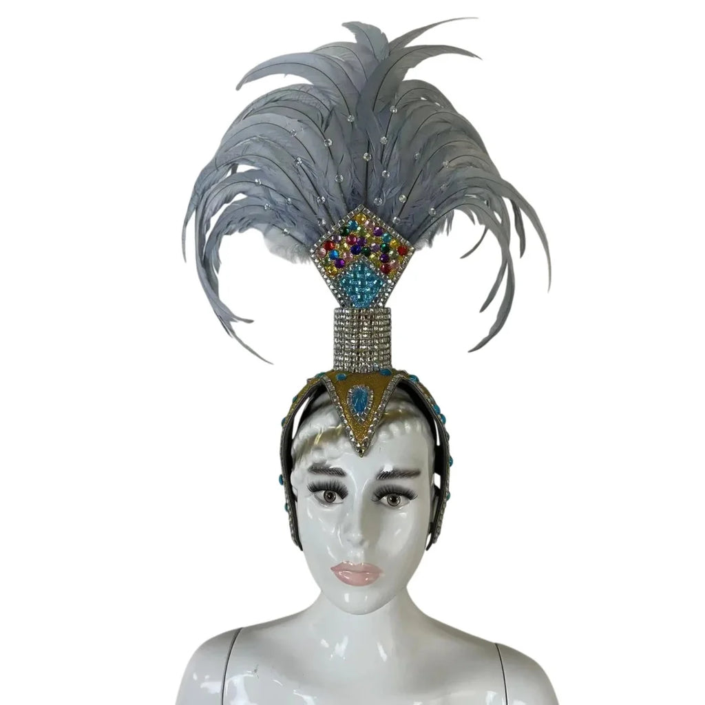 The Stardust Dionysia – Silver & Charcoal Feather Carnival & Masque Ball Headdress by Stardust Starlets