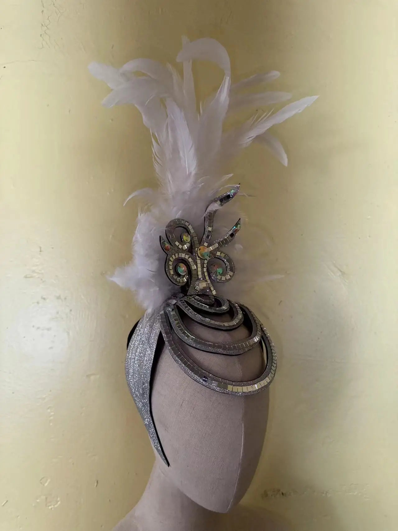 The Stardust Dionysia – Pure White Feather Carnival & Masque Ball Headdress by Stardust Starlets