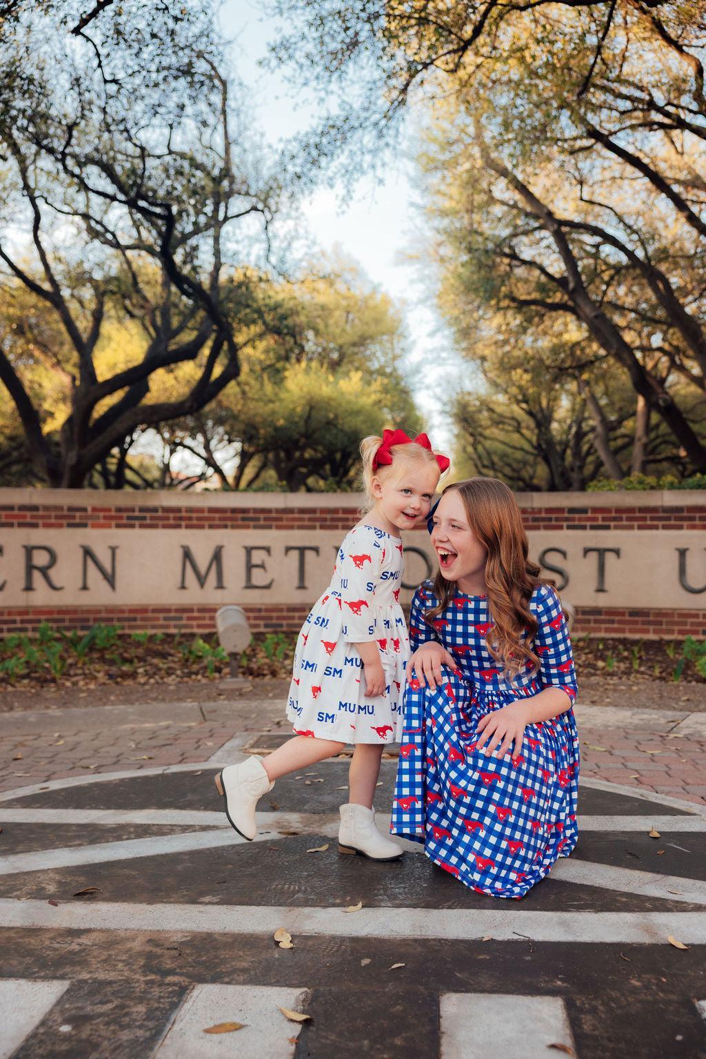 SMU Plaid Mustang 3/4 Sleeve Pocket Twirl Dress by Mila & Rose ®