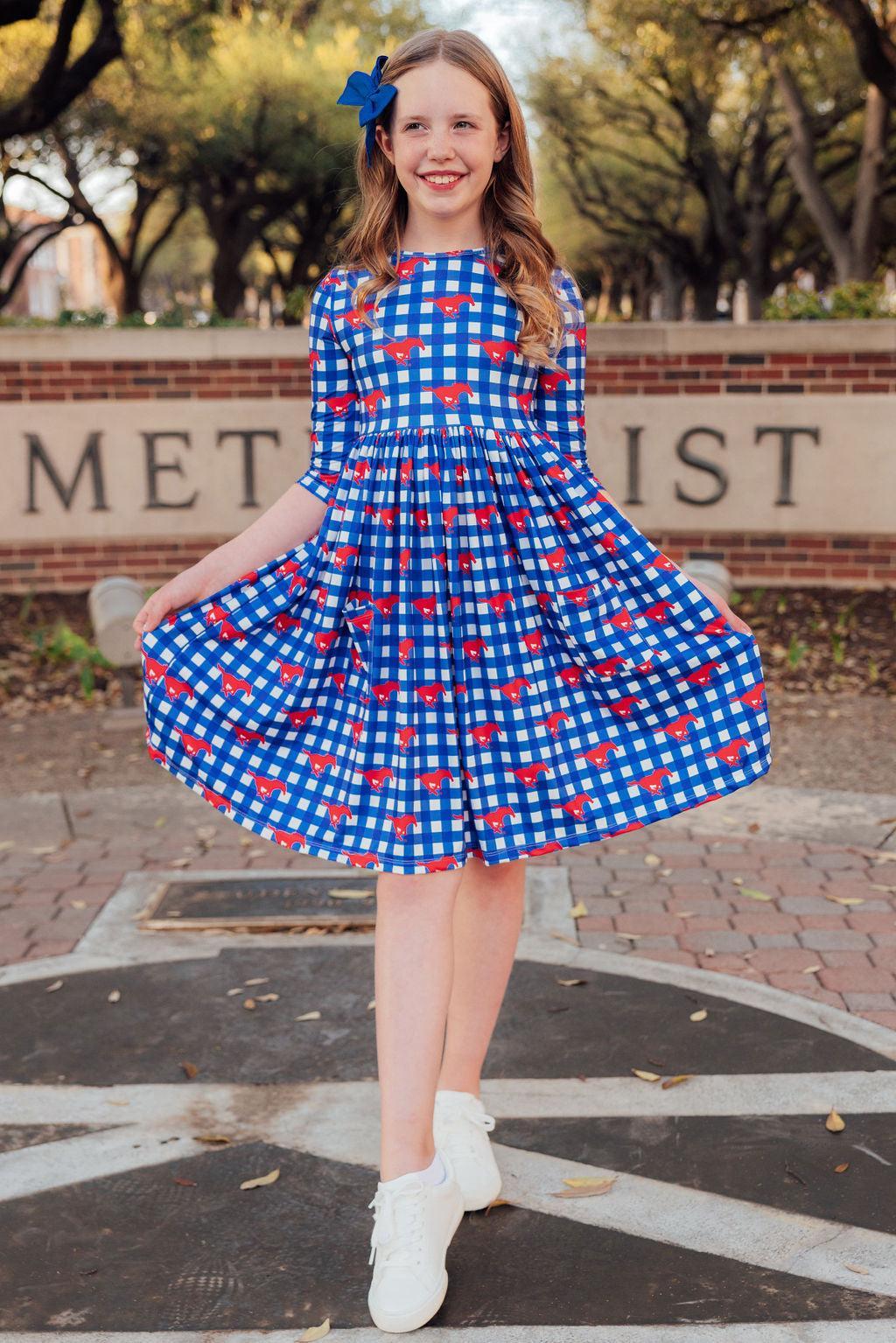 SMU Plaid Mustang 3/4 Sleeve Pocket Twirl Dress by Mila & Rose ®