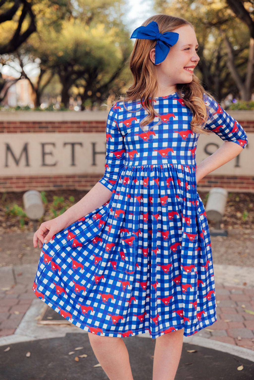SMU Plaid Mustang 3/4 Sleeve Pocket Twirl Dress by Mila & Rose ®