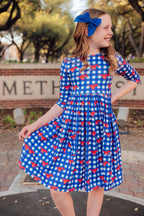 SMU Plaid Mustang 3/4 Sleeve Pocket Twirl Dress by Mila & Rose ®