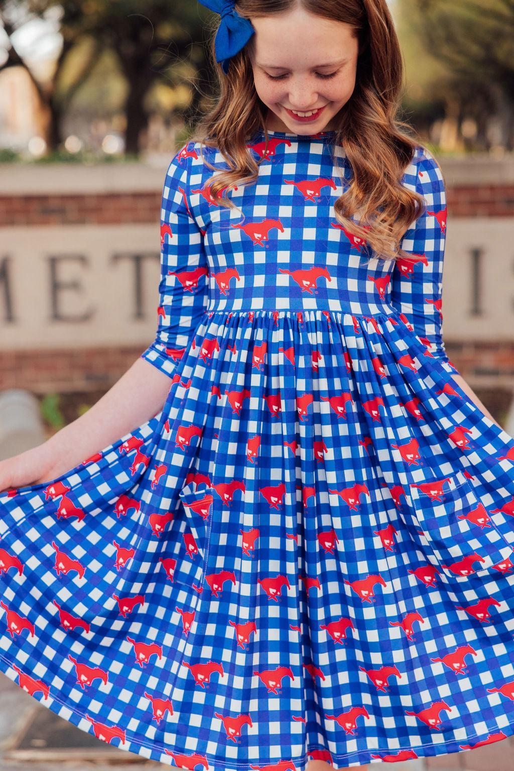 SMU Plaid Mustang 3/4 Sleeve Pocket Twirl Dress by Mila & Rose ®