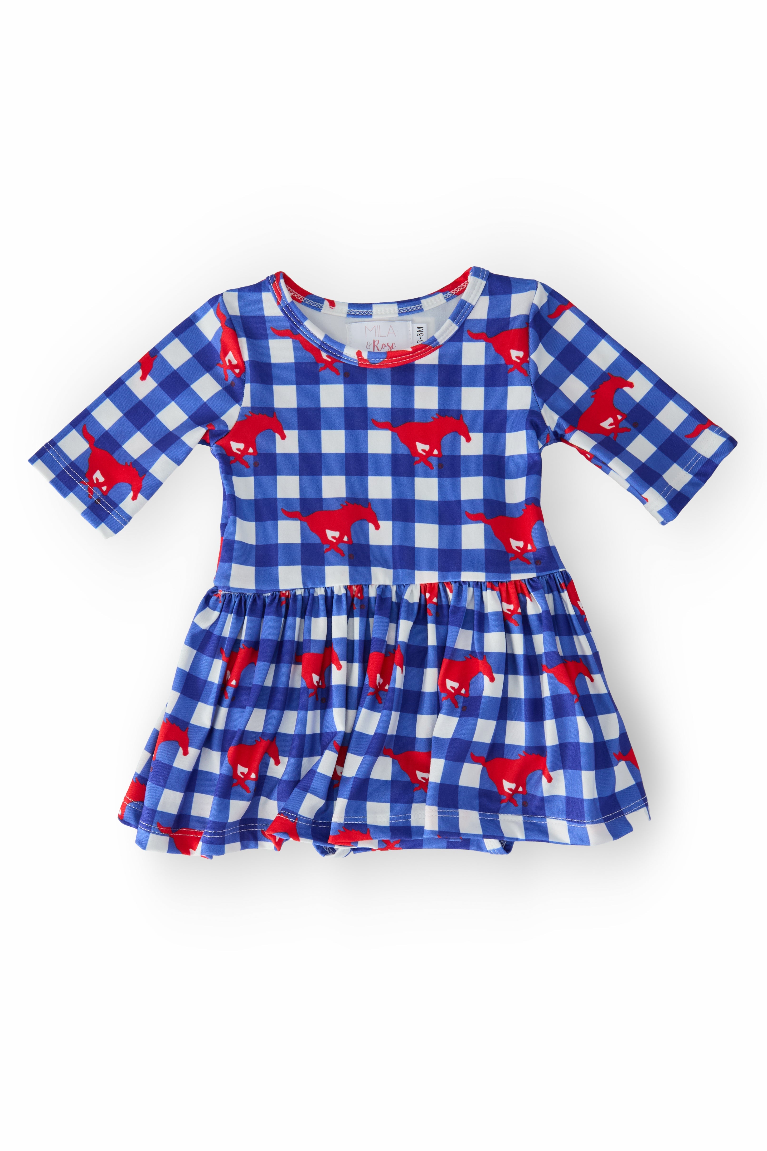 SMU Plaid Mustang 3/4 Sleeve Twirl Bodysuit by Mila & Rose ®