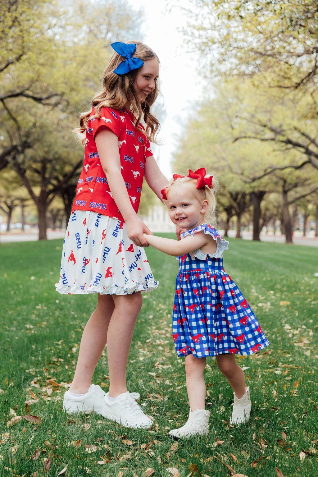 SMU Plaid Mustang Flutter Twirl Dress by Mila & Rose ®