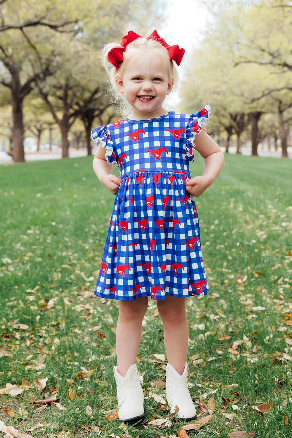 SMU Plaid Mustang Flutter Twirl Dress by Mila & Rose ®