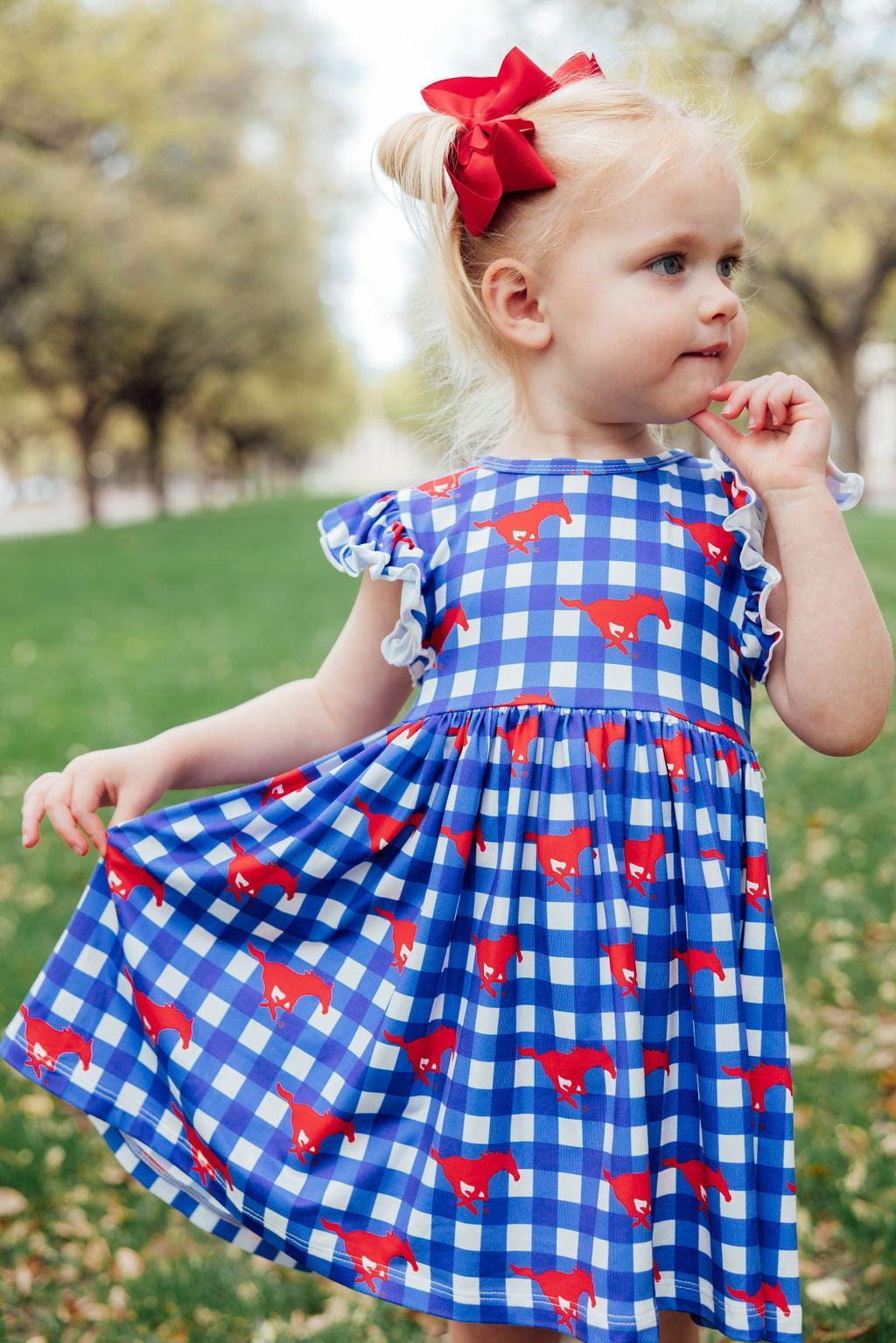 SMU Plaid Mustang Flutter Twirl Dress by Mila & Rose ®