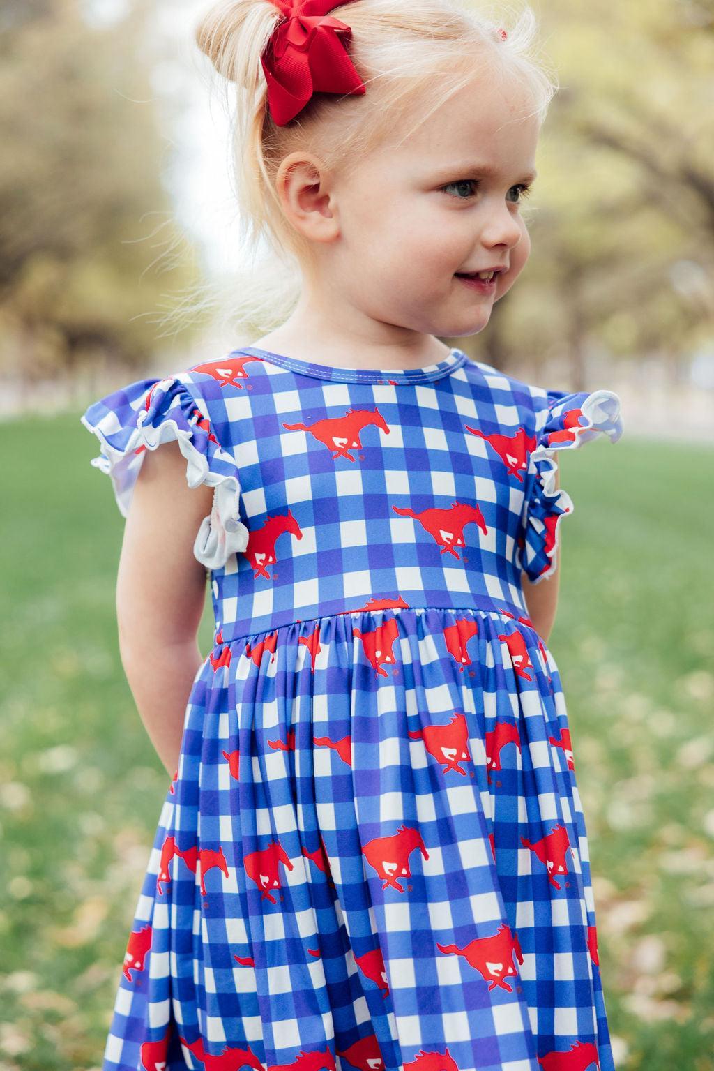 SMU Plaid Mustang Flutter Twirl Dress by Mila & Rose ®